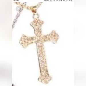 GOLD Cross Statement Pendant Necklace Crystal Rhinestone Gold pl Stainless NEW